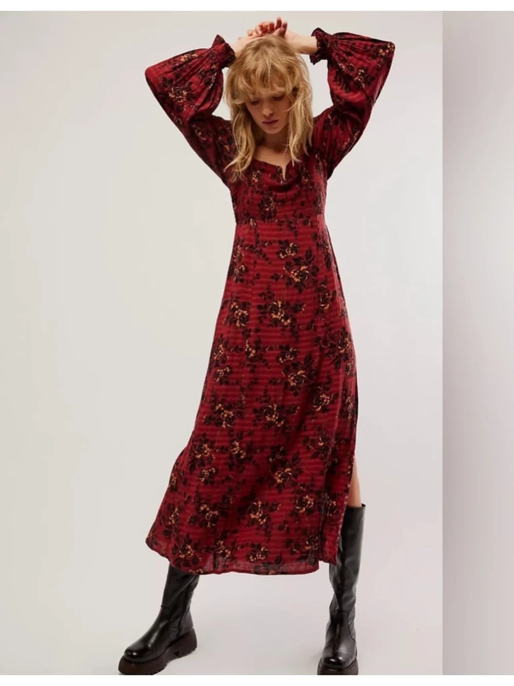 NWT Free People Jaymes Floral Print Square Neck Long Sleeves Midi Dress